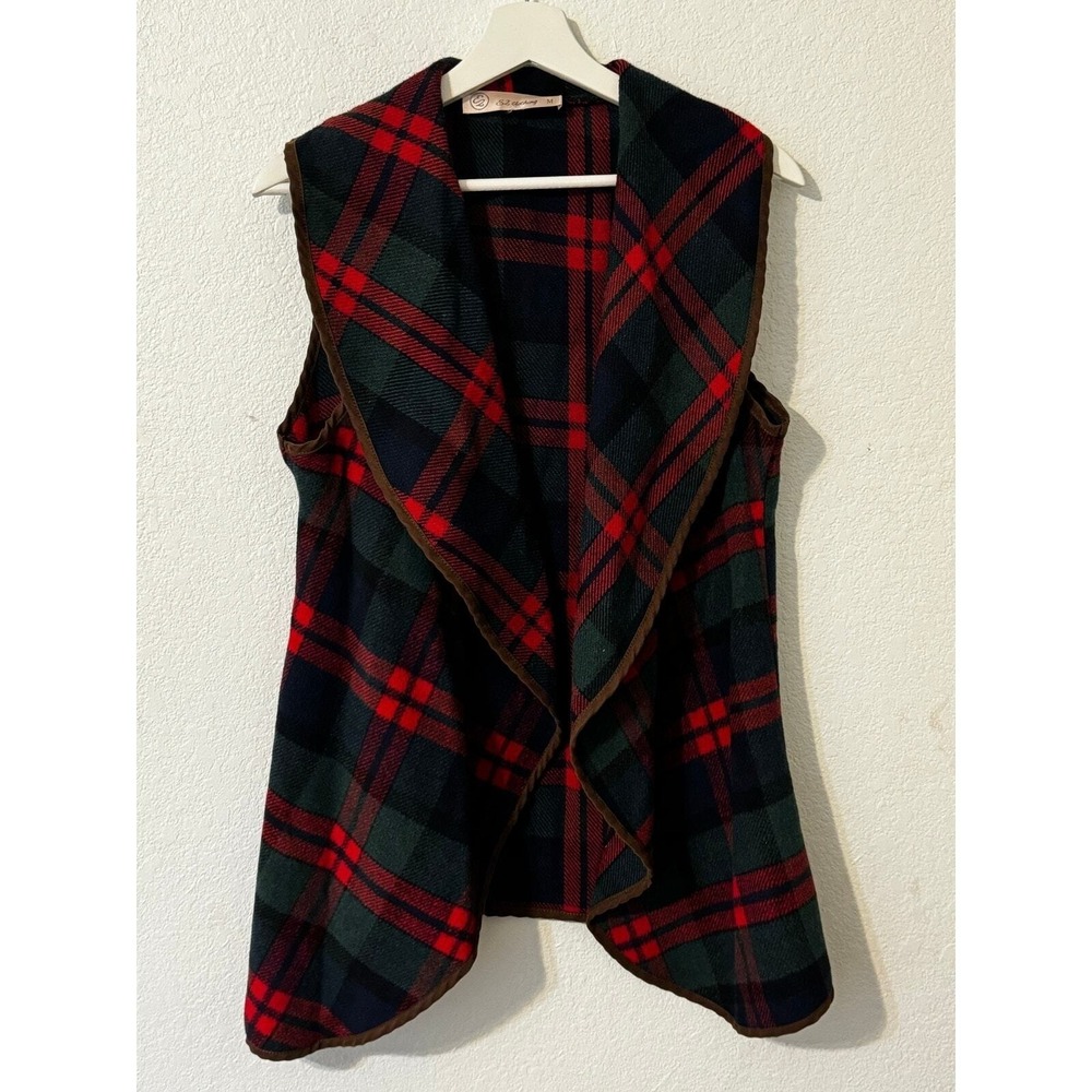 E2Clothing Womens Christmas Plaid Vest Medium Shawl‎ Collar Brown Red Green